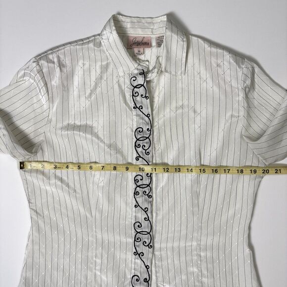 Vintage Jaclyn Smith Button Up Shirt Womens 12 White Silky Shiny Diamond Pattern - Picture 13 of 16